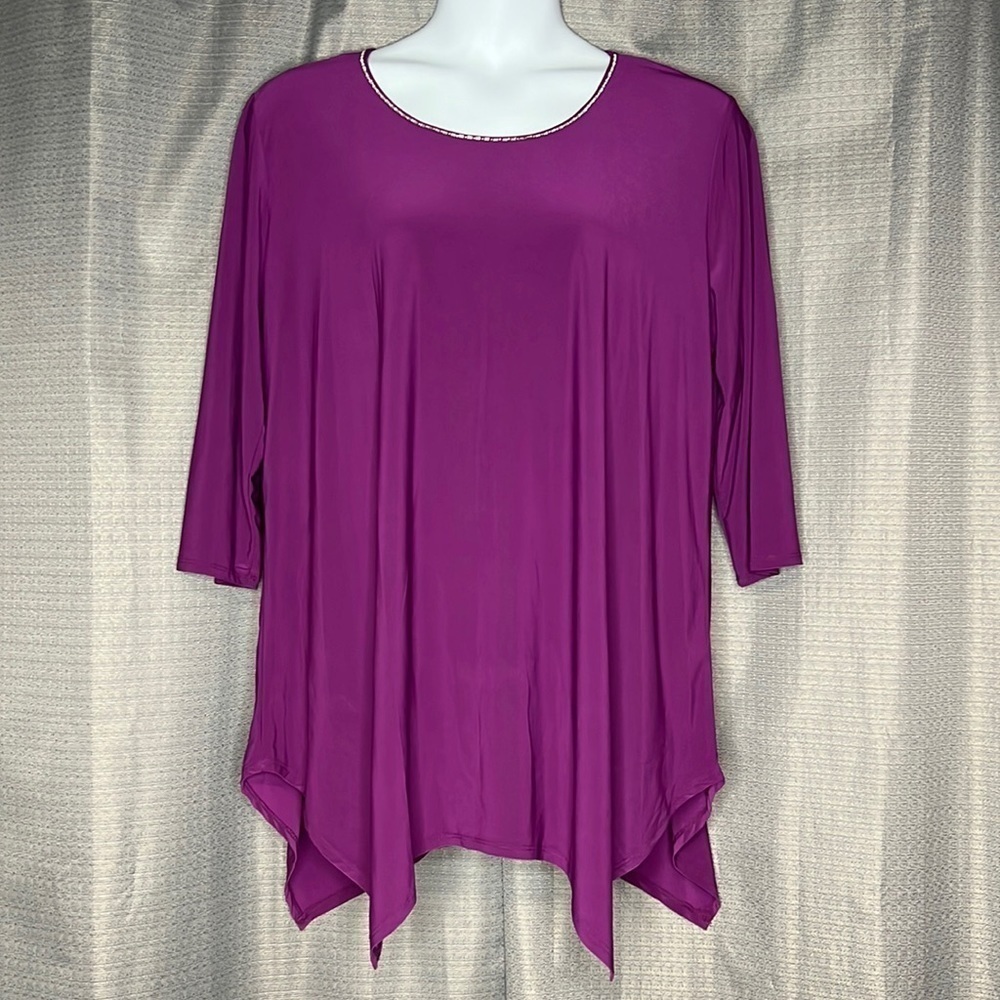 BLOSSOM BY P PURPLE 3/4 SLEEVED ASYMMETRICAL HANKY HEM BLOUSE SIZE 3XL